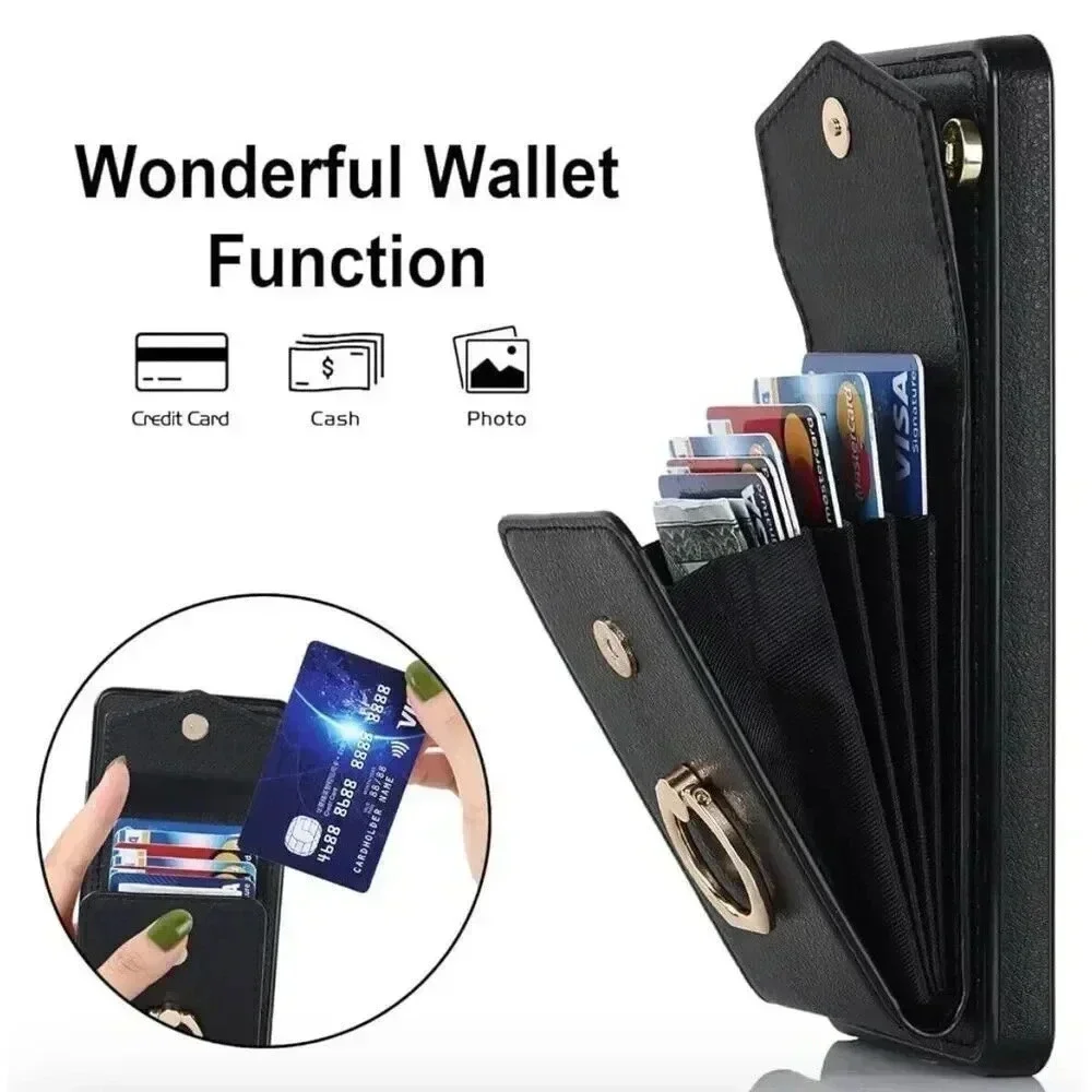 Leather Wallet‎ Case Galaxy A13 5G 360° Ring Kickstand With Strap RFID Black